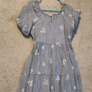 Tea n Rose Blue Midi Dress with White Floral Embroidery